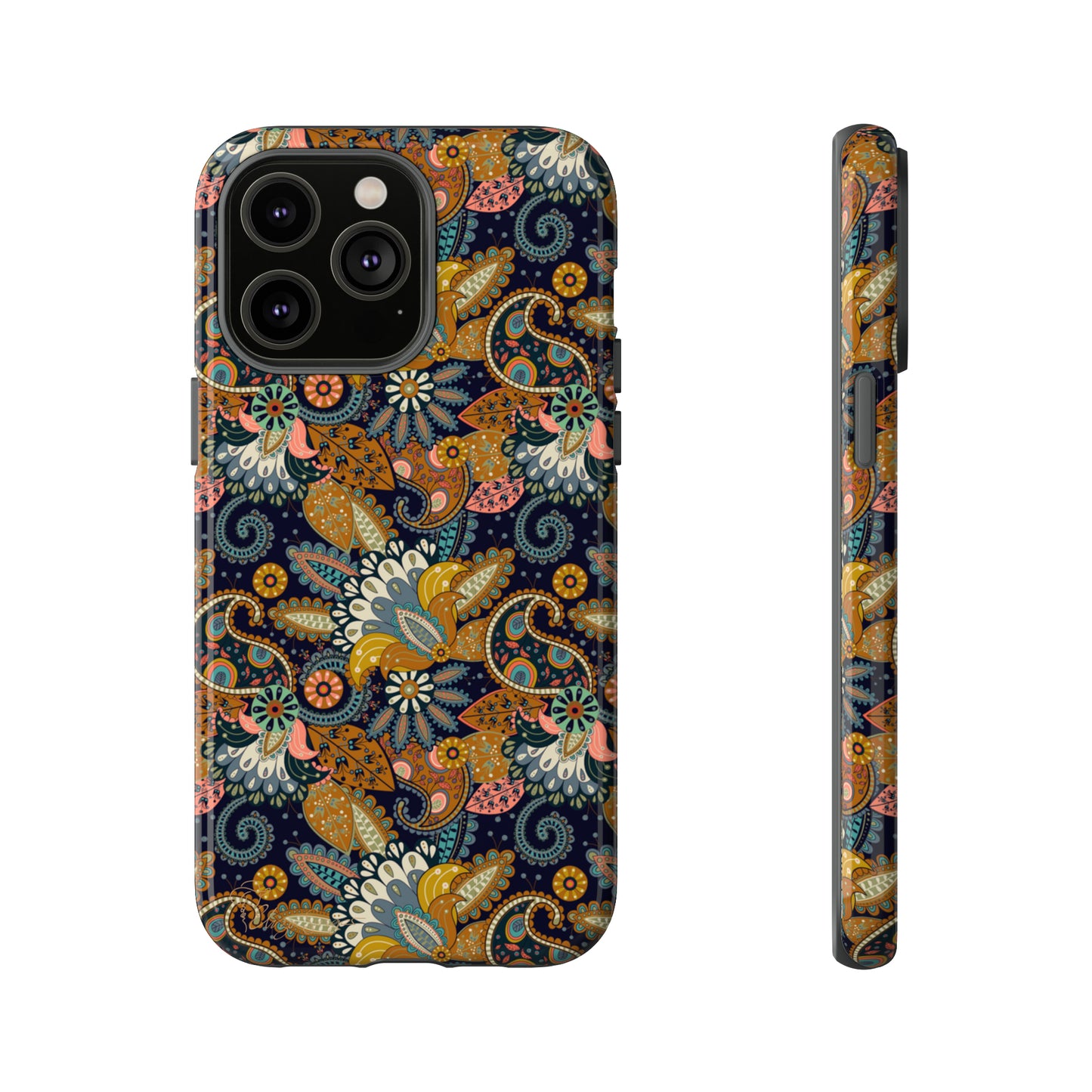 Paisley Bouquet iPhone Tough Protective Cover. A fusion of Flowers, Boho, and Paisley in a Western design. Compatible with iPhone 15, 14, 13, 12, 11, XS, XR Pro/Max/Mini/P/Plus. Embrace Bohemian Elegance with Style and Durability. #ElizaSinger #PhoneCase #BohoPaisley