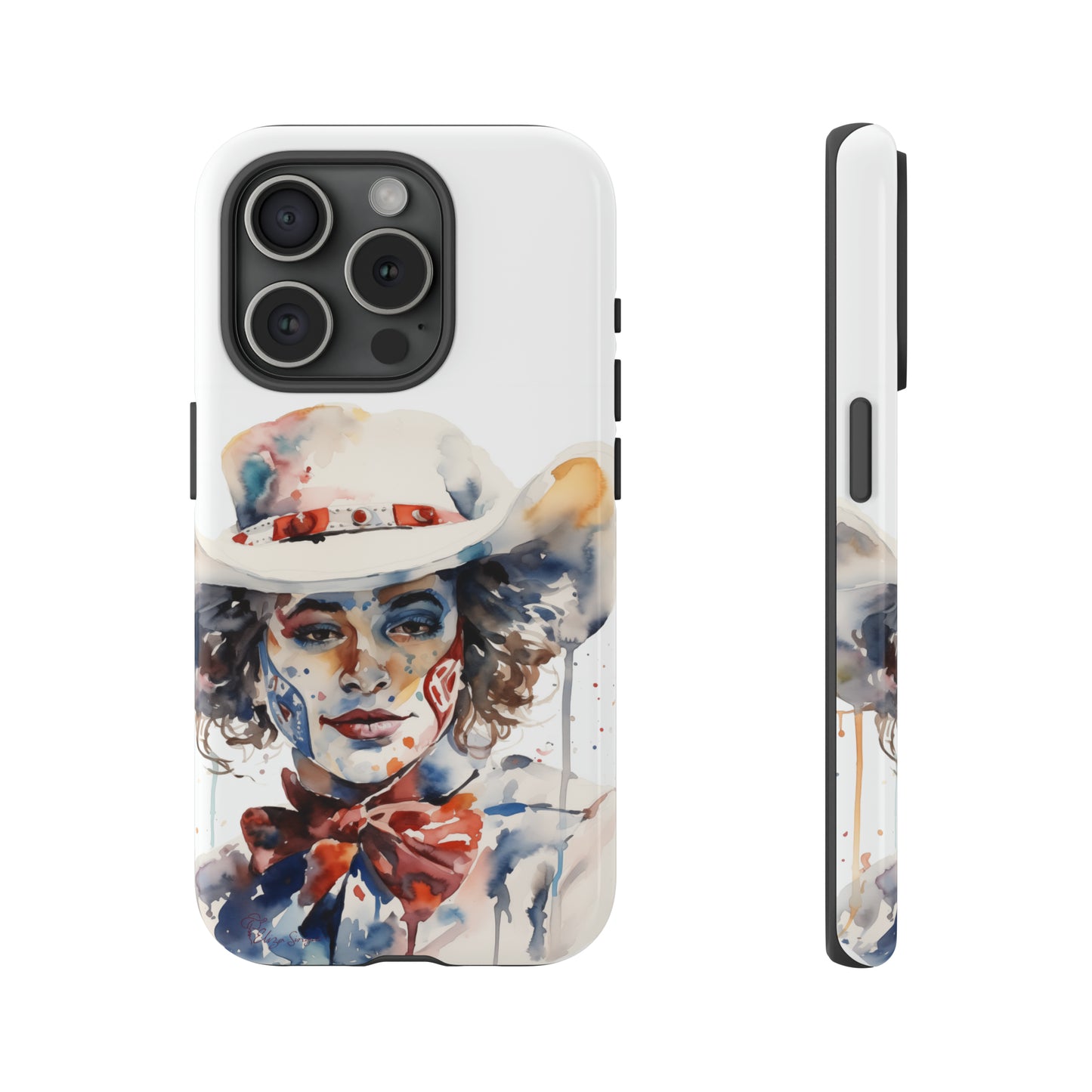 Presenting our Tough Western Cell Phone Case: Rodeo Clown Watercolor Gal Edition! This one-of-a-kind design showcases a vibrant watercolor portrayal of a woman as a rodeo clown on a white background. Enjoy the fusion of artistry and robust phone protection.