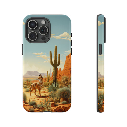 Introducing our Tough  Western Cell Phone Case: Blue Sky Desert Jackal Edition! Immerse yourself in the charm of the desert with a jackal in a landscape adorned with cactus under a captivating blue sky. Elevate your phone protection with this stylish edition.