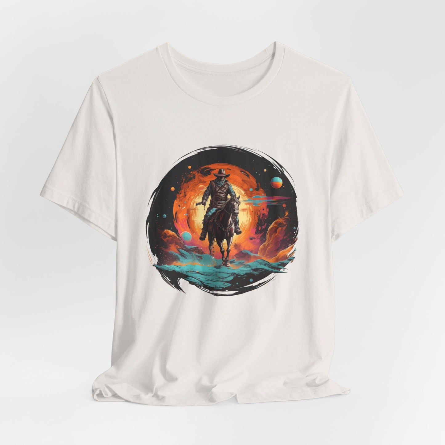 Galactic Outlaw: Bella Canvas T-shirt with Cowboy and Planets