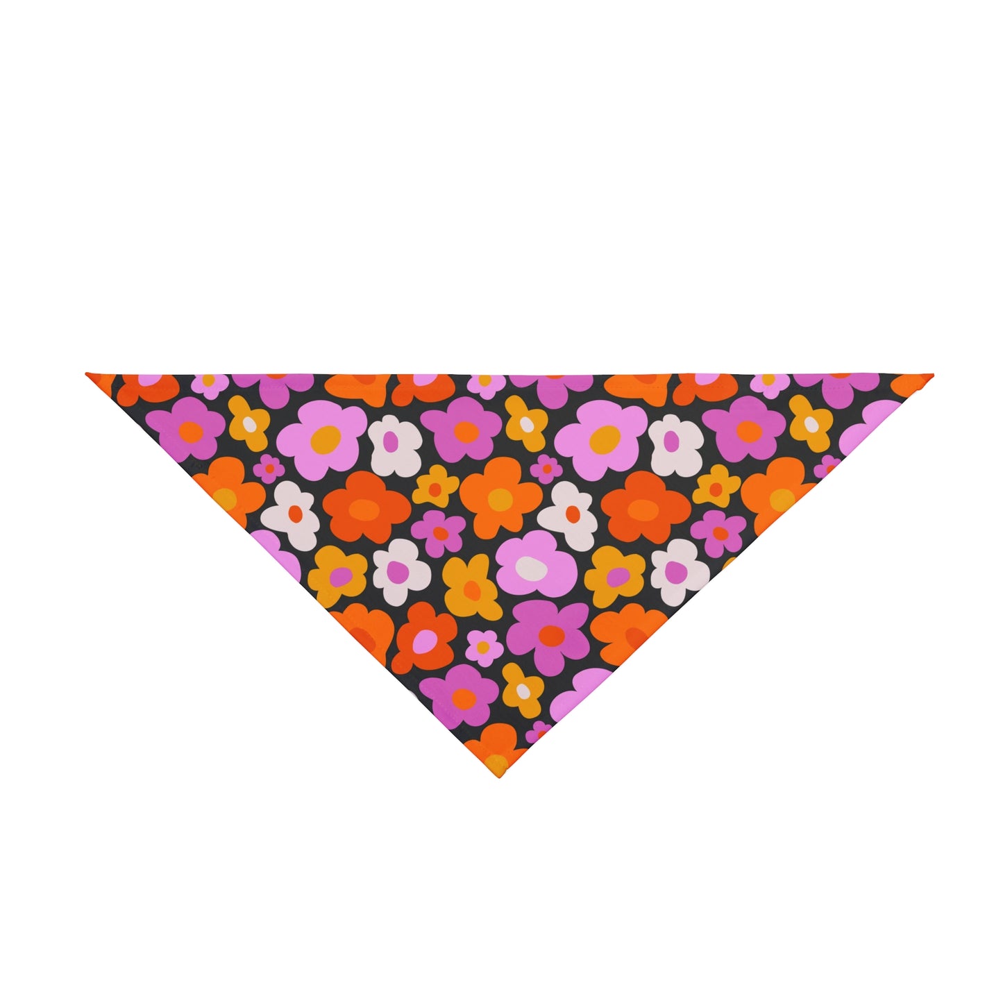 Infuse a bit of retro charm into your dog's style with our Groovy Daisy Dog Bandana/Wild Rag. The groovy daisy pattern in pink, orange, and white on a black background adds a playful and vibrant touch. Crafted from soft-spun polyester, this wild rag ensures comfort and style. Make a fashion statement on every adventure with this exclusive design, available only at Eliza Singer.