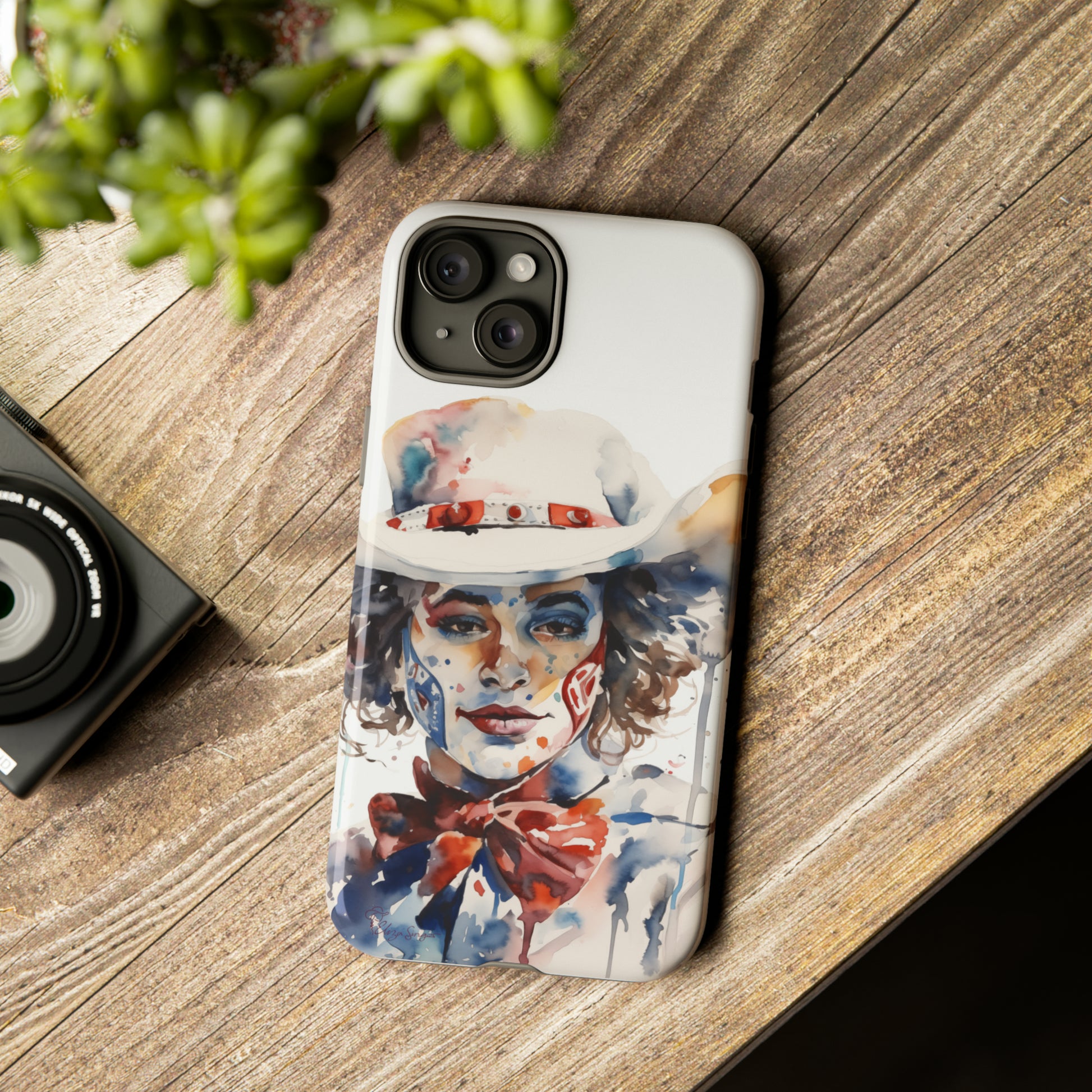 Presenting our Tough Western Cell Phone Case: Rodeo Clown Watercolor Gal Edition! This one-of-a-kind design showcases a vibrant watercolor portrayal of a woman as a rodeo clown on a white background. Enjoy the fusion of artistry and robust phone protection.