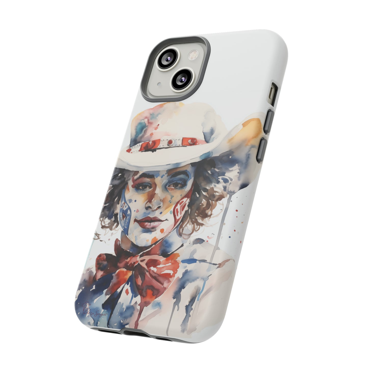 Presenting our Tough Western Cell Phone Case: Rodeo Clown Watercolor Gal Edition! This one-of-a-kind design showcases a vibrant watercolor portrayal of a woman as a rodeo clown on a white background. Enjoy the fusion of artistry and robust phone protection.