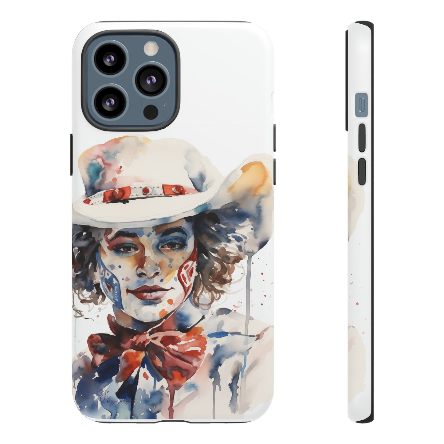 Presenting our Tough Western Cell Phone Case: Rodeo Clown Watercolor Gal Edition! This one-of-a-kind design showcases a vibrant watercolor portrayal of a woman as a rodeo clown on a white background. Enjoy the fusion of artistry and robust phone protection.