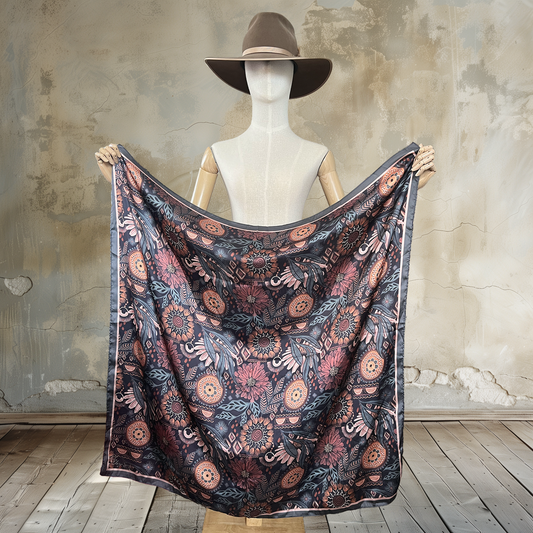 Experience luxury with the Bohemian Bliss Wild Rag. Made with extra fine satin silk, this 39" square scarf features a boho daisy and medallion print. The versatile design is perfect for any outfit or occasion and the earthy tones add a classic touch. Elevate your wardrobe with this must-have accessory.