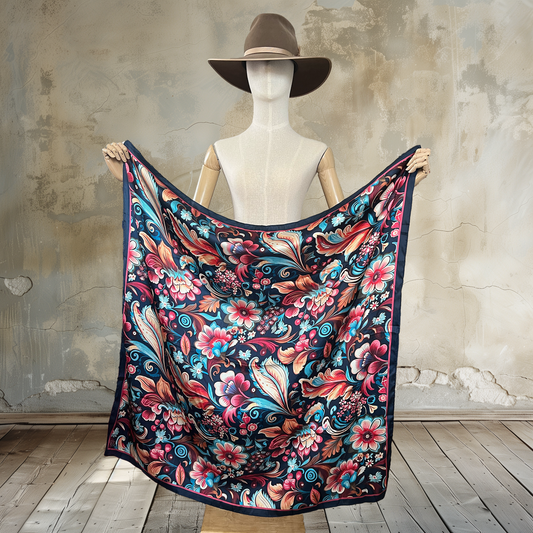 Dive into a garden of cheer with Floral Symphony in Blue Wild Rag. A dark blue background showcases cheerful flowers and paisley-style leaves in pink, turquoise, oranges, and more on this 39" square of

100% satin silk.