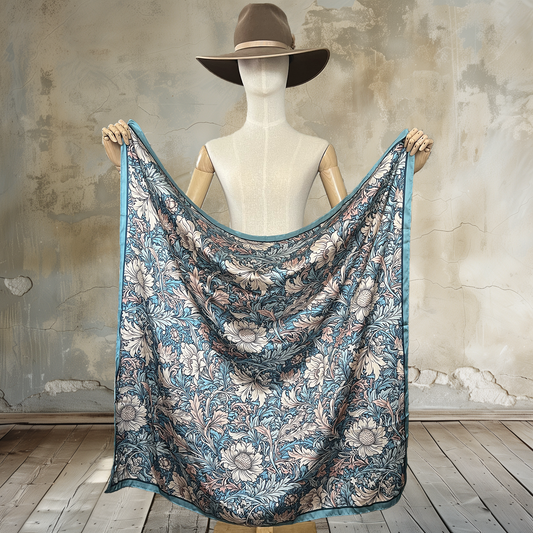 Revel in sophistication with Foliage Elegance Wild Rag. A William Morris-style design with denim and beige foliage graces this 39" square of

100% satin silk, reminiscent of tooled leather style flowers. Elevate your style with this timeless and luxurious accessory in&nbsp;Denim and beige colors, to match any outfit.