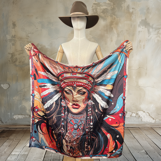 Adorn yourself with Native Elegance Portrait Wild Rag. A Native American portrait with a feathered headpiece and rich colors graces this 39" square of
100% satin silk. Elevate your style with this culturally inspired and visually striking silk scarf accessory.