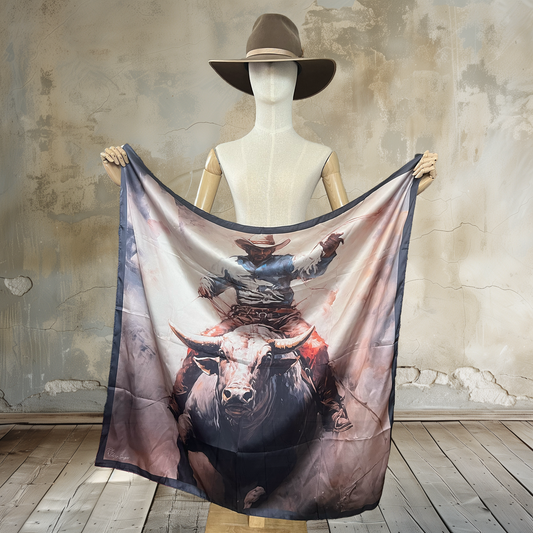 Capture the essence of the rodeo with Bullrider Serenity Wild Rag. A watercolor painting-style bullrider in serene grey tones graces this 39" square of

100% satin silk. Elevate your Western style with this artistic and captivating accessory.
